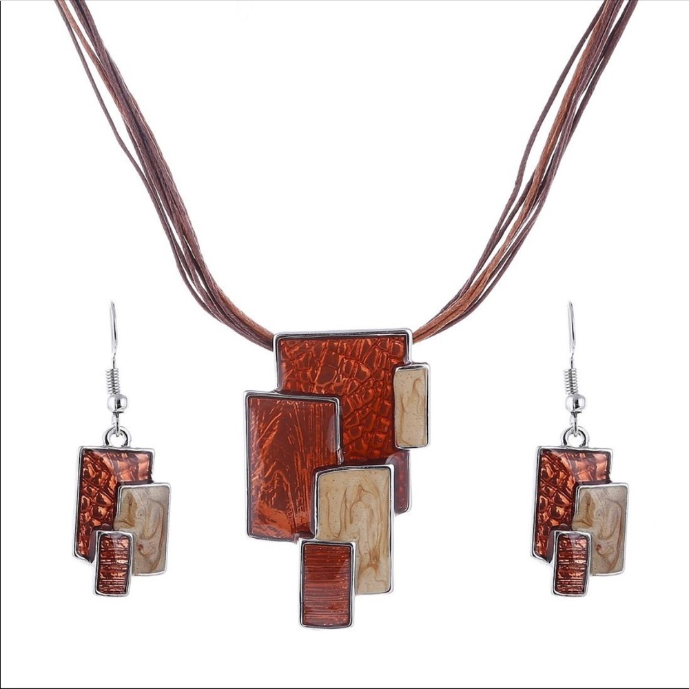 Leather Rectangles Necklace Matching Earrings Set